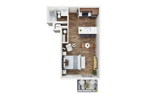 A top down view of a kitchen with a dining table and chairs.
